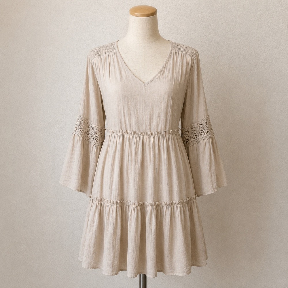 Just Found Womens 2X Beige Tiered Boho Babydoll Dress Bell Sleeve Crochet Lace
